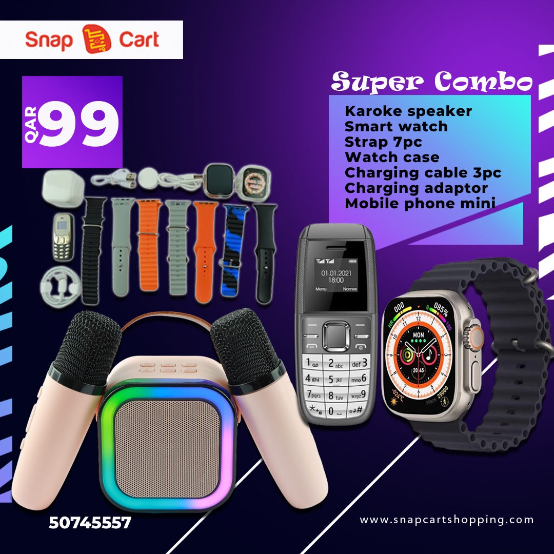 Mega deal: speaker,smart watch, 7 strap, watch case, charging cable and adaptor & mini mobile